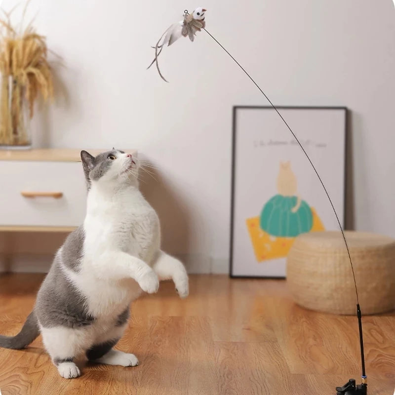 Furry Feather Bird Cat Toy Simulation Bird with Bell Sucker Cat Stick Toy Kitten Interactive Chasingteaser Wand Toy Cat Supplies