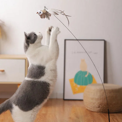 Furry Feather Bird Cat Toy Simulation Bird with Bell Sucker Cat Stick Toy Kitten Interactive Chasingteaser Wand Toy Cat Supplies