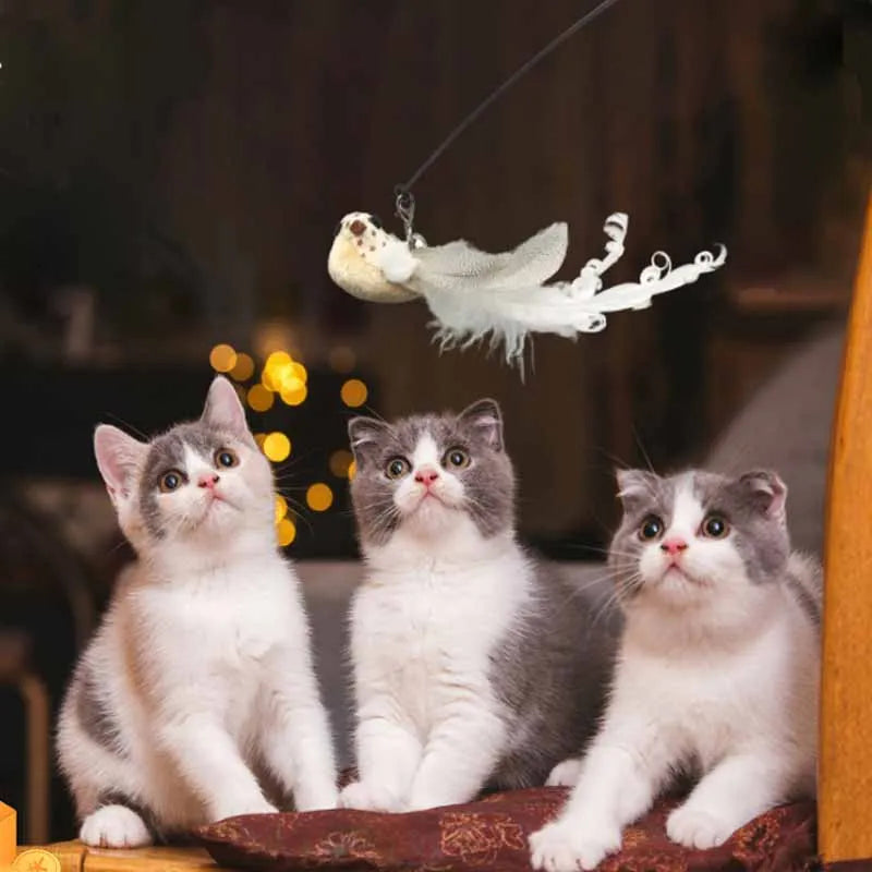 Furry Feather Bird Cat Toy Simulation Bird with Bell Sucker Cat Stick Toy Kitten Interactive Chasingteaser Wand Toy Cat Supplies