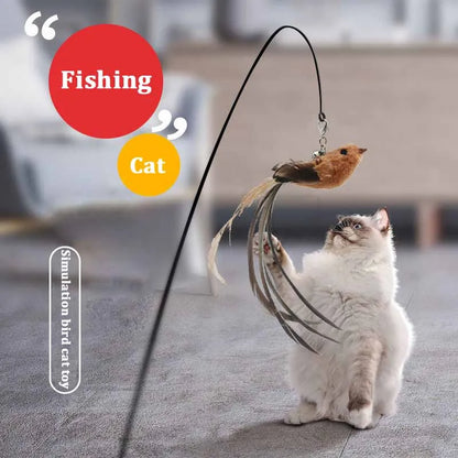 Furry Feather Bird Cat Toy Simulation Bird with Bell Sucker Cat Stick Toy Kitten Interactive Chasingteaser Wand Toy Cat Supplies