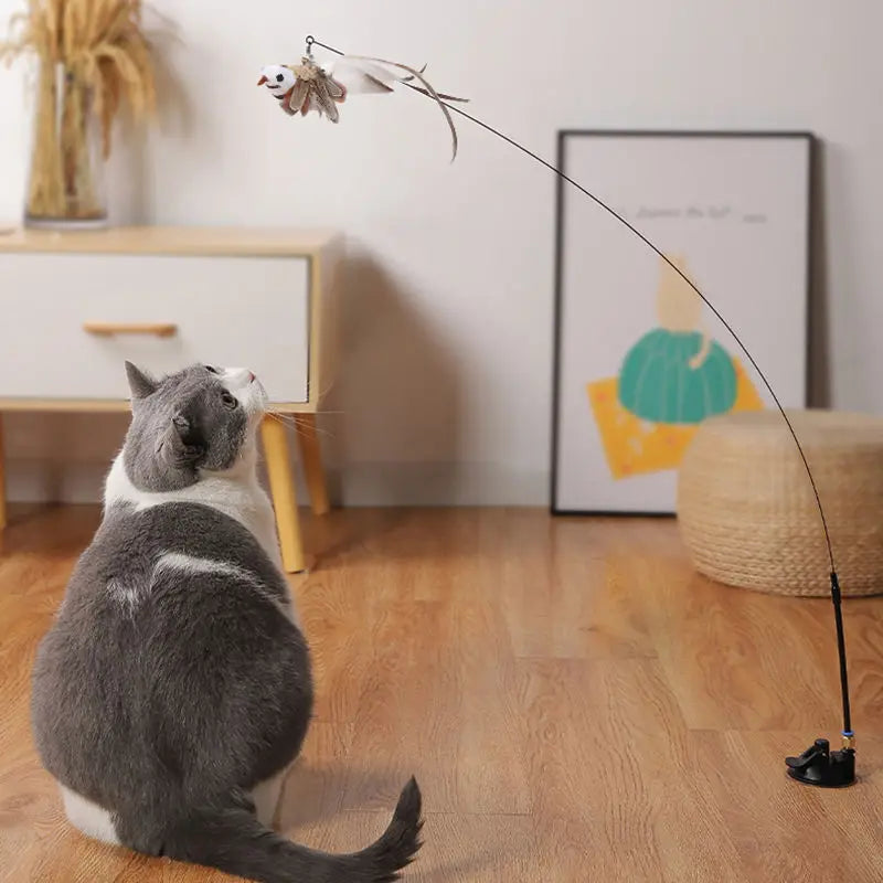 Furry Feather Bird Cat Toy Simulation Bird with Bell Sucker Cat Stick Toy Kitten Interactive Chasingteaser Wand Toy Cat Supplies
